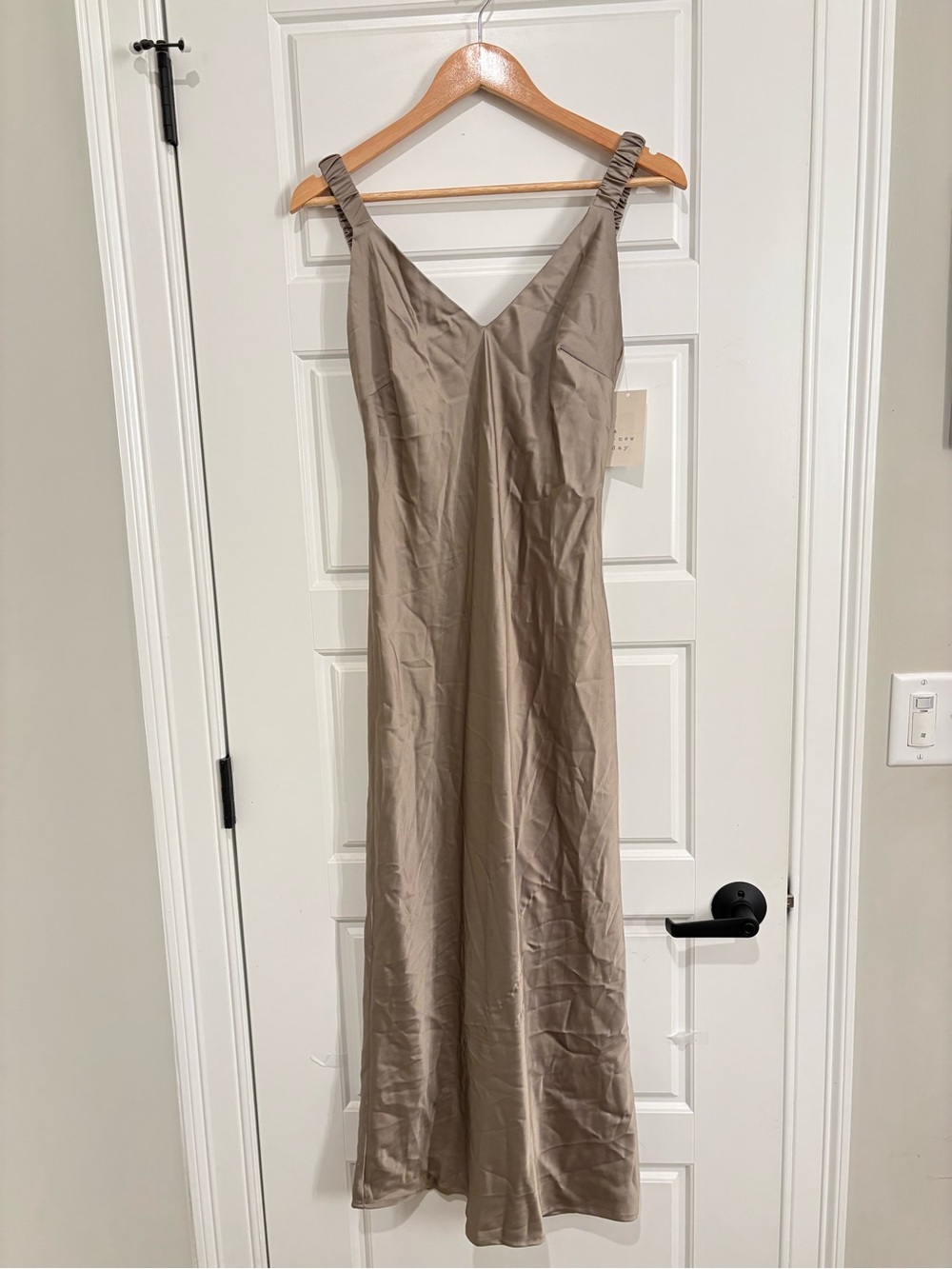 New Day Satin Slip Dress Taupe Maxi XS Elegant Minimalist
